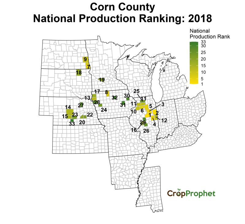 Corn Production by County - 2018 Rankings