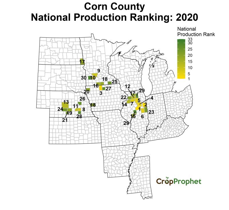 Corn Production by County - 2020 Rankings